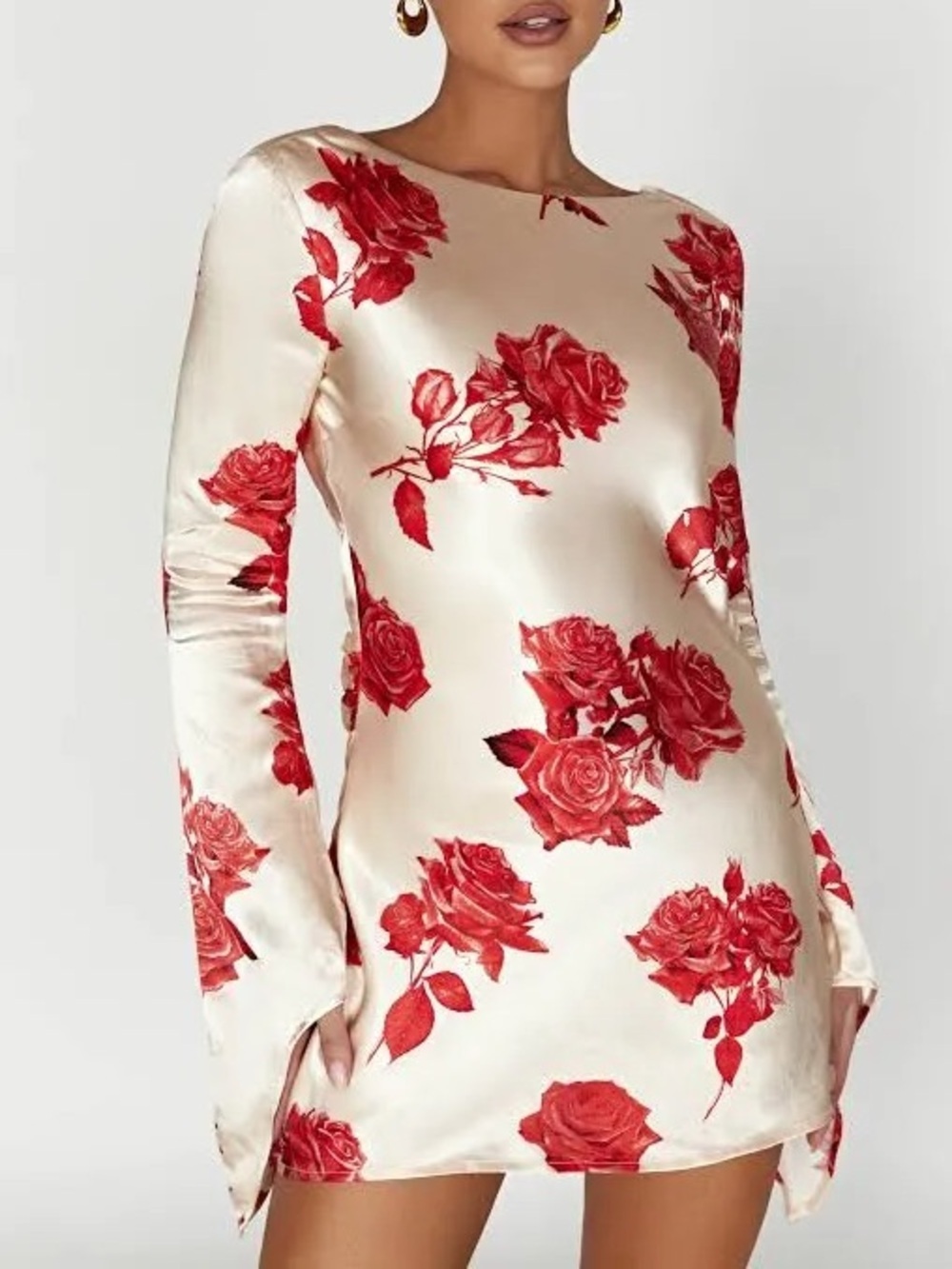 NWT MESHKI Davina satin long sleeve mini open back rose print dress size XS